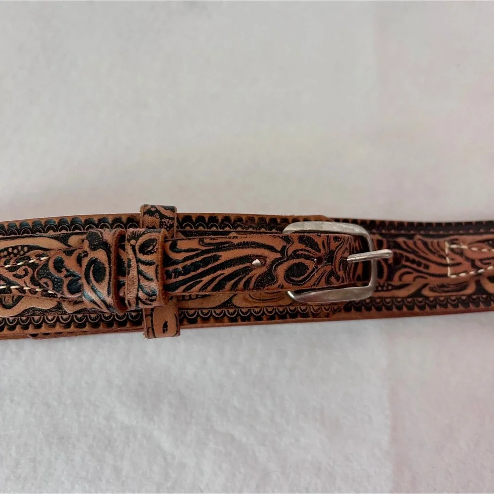 Cardat 7524 Brown Floral Tooled Leather Western Belt Silver‎ Buckle Womens 30